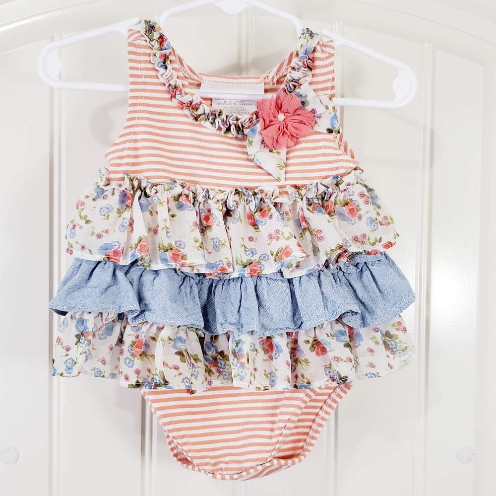 Bonnie Baby peach floral chambray bubble romper